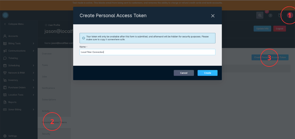 Sonar API access screen